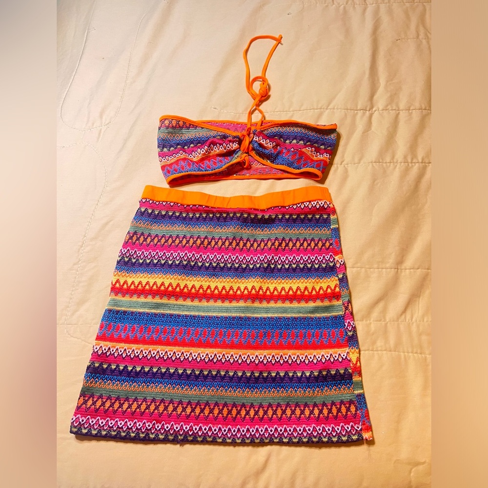 SHEIN Orange Multicolor Stripe Knit Bikini Top & Skirt Set - Picture 2 of 2